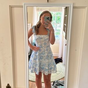 Blue floral tie-strap sundress. Beautifully detailed, perfect for spring/summer!